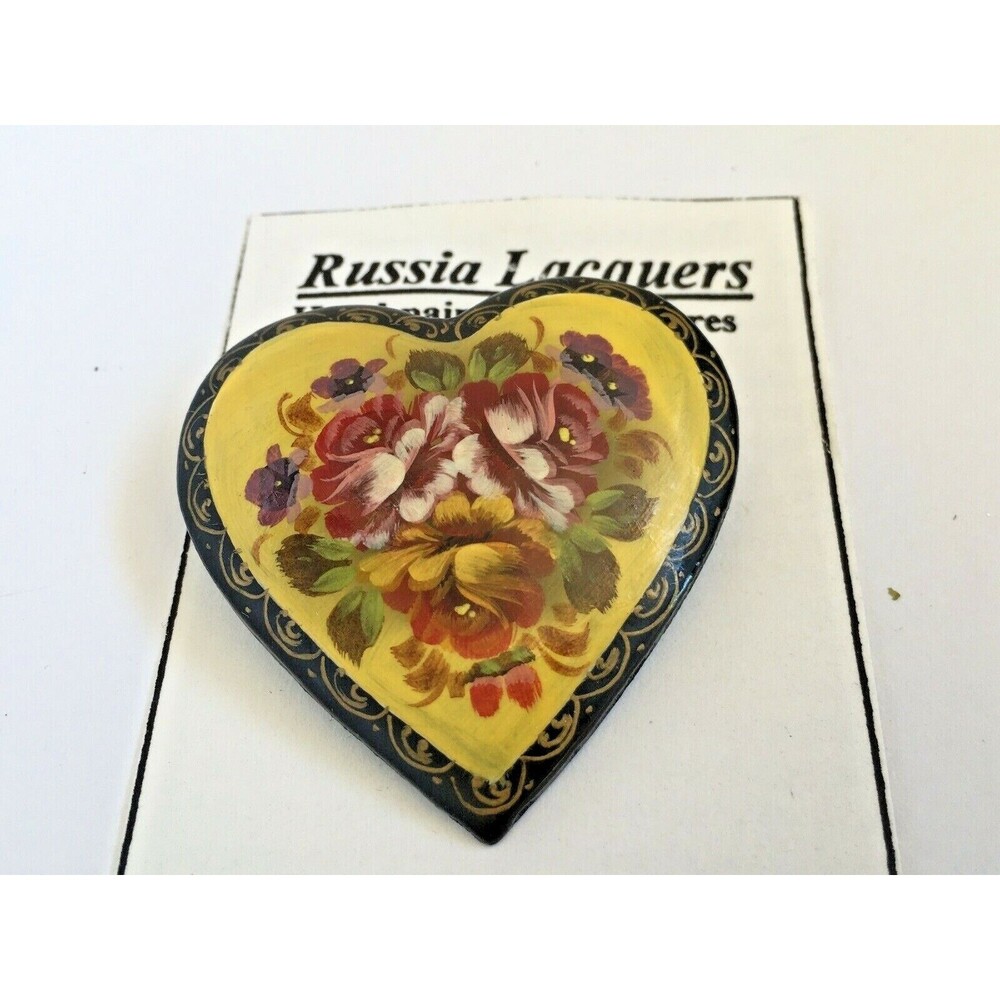 Hand Painted Tole Art Heart Shaped Floral Pin Brooch Lacquer Ware